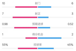 切尔西1-0埃弗顿数据：射门10-6，射正7-3，控球率55%-45%