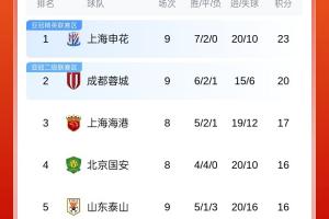 中超积分榜：申花4连胜继续领跑&蓉城第2，泰山2连败距榜首7分