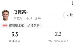 都是亿元先生！队长厄德高全场最低2.3分＆数据辣眼睛，赖斯9.2分
